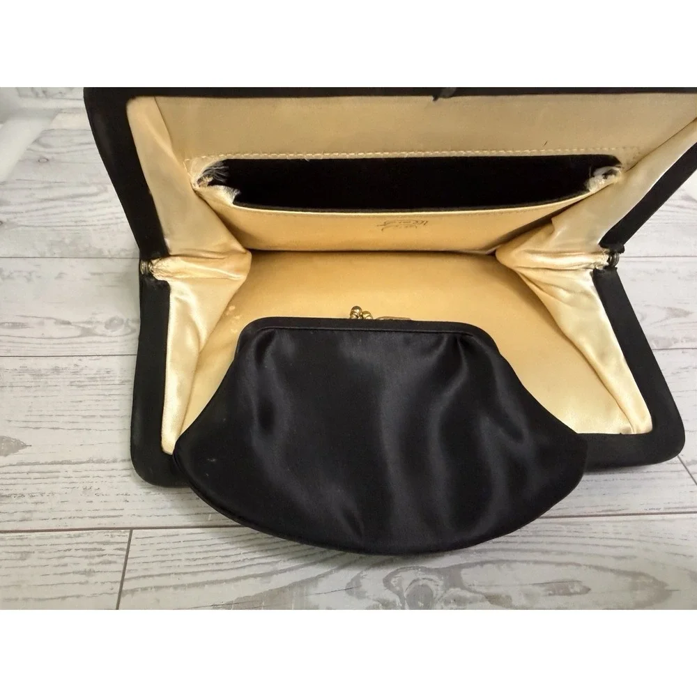 Vintage 1960s L & M Spotlite Black Satin Purse w Matching Coin Bag Evening Bag